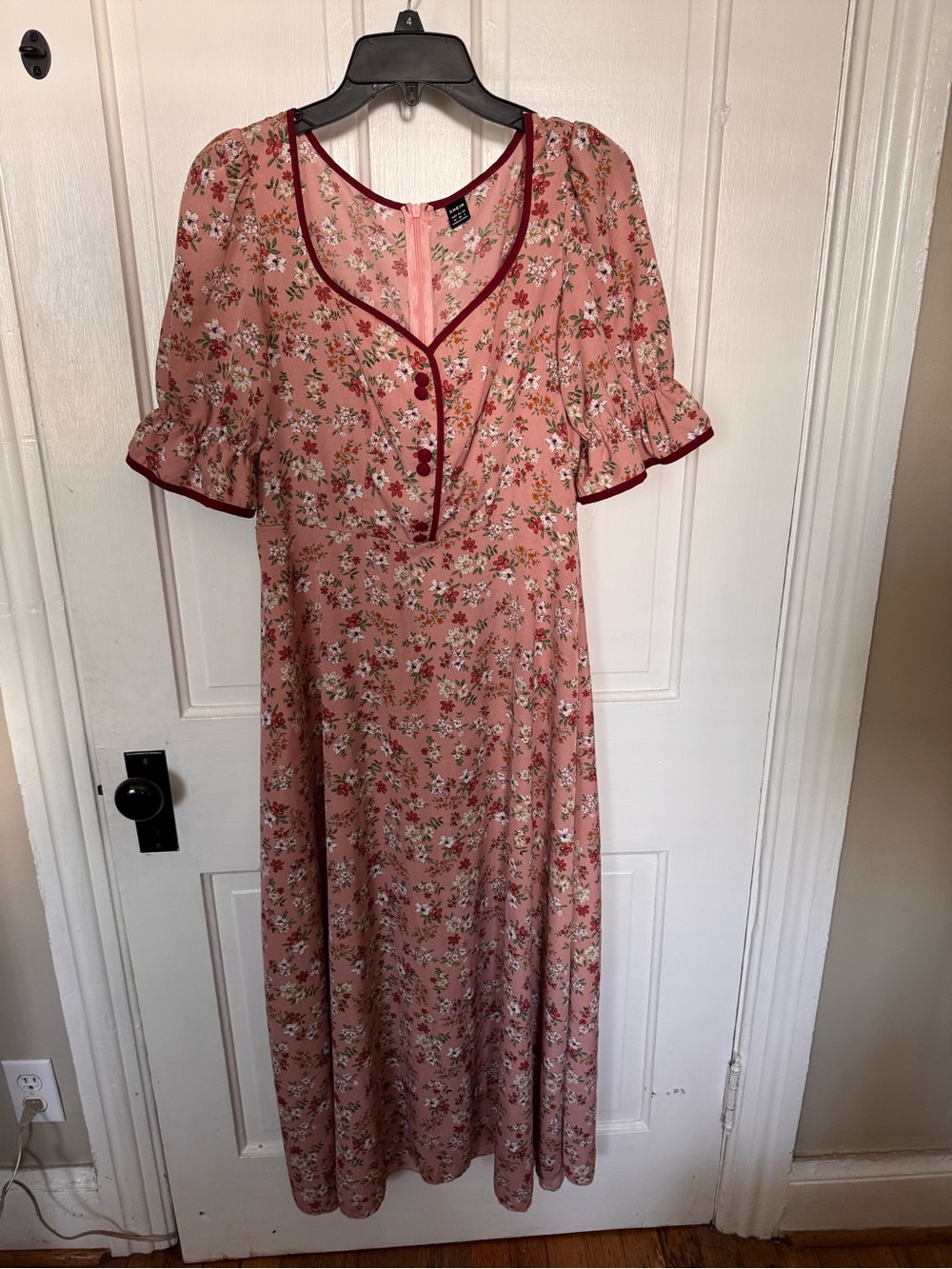 SHEIN Pink Floral Dress with Burgundy Trim